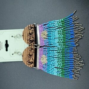 NWT Handmade Aztec Southwestern Wood Seedbead Tassel Dangle Earrings Plated